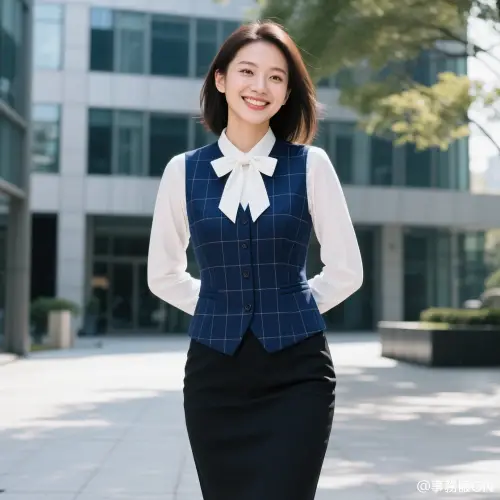 チェック柄の紺ベスト、無地の黒スカート、無地の白ブラウス、白リボンを組み合わせた事務服コーディネート画像