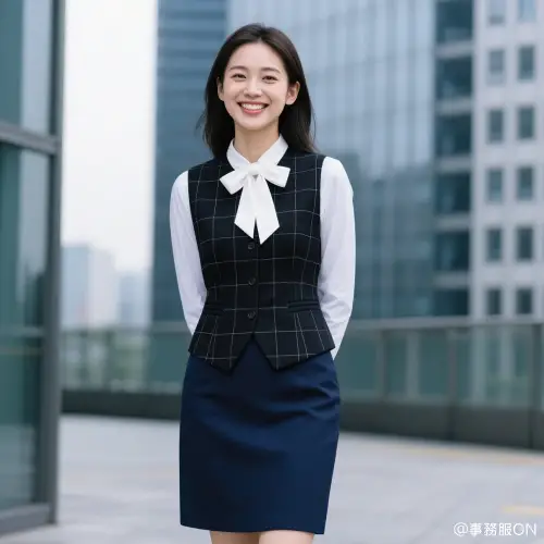 チェック柄の黒ベスト、無地の紺スカート、無地の白ブラウス、白リボンを組み合わせた事務服コーディネート画像