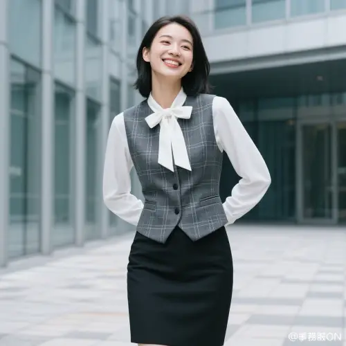 チェック柄のグレーベスト、無地の黒スカート、無地の白ブラウス、白リボンを組み合わせた事務服コーディネート画像