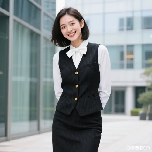 ストライプ柄の黒ベスト、ストライプ柄の黒スカート、無地の白ブラウス、白リボンを組み合わせた事務服コーディネート画像