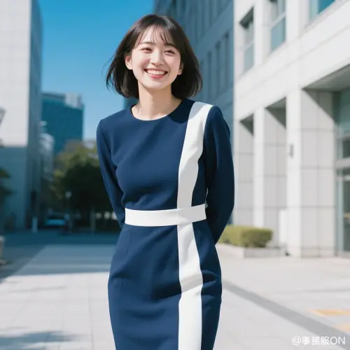 紺と白を基調にしたワンピースの事務服コーディネート画像
