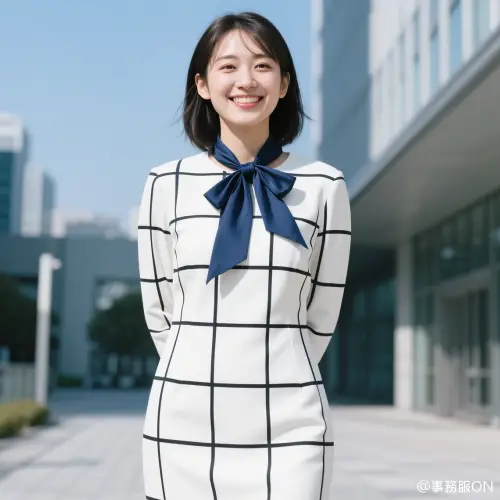 白と黒を基調にしたワンピース、紺スカーフを組み合わせた事務服コーディネート画像