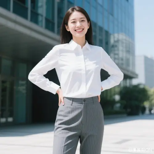 白のシャツブラウス、ストライプ柄のグレーパンツを組み合わせた事務服コーディネート画像