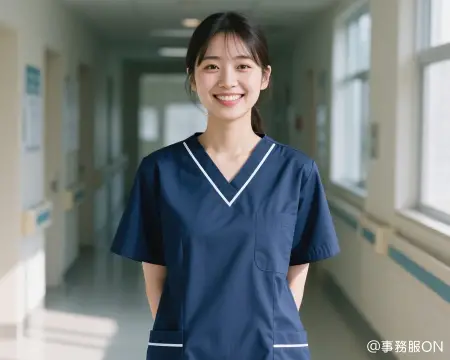 紺色の医療ユニフォーム(スクラブ)を着た笑顔の女性