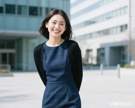 事務服ワンピースの着用イメージ(カーディガン+ワンピース)