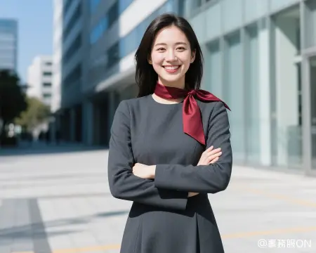 事務服ワンピースの着用イメージ(スカーフでアクセントをプラス)