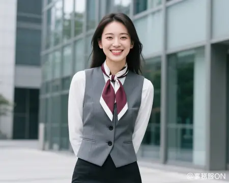 事務服スカーフコーディネート例（グレーのベストにボルドーのスカーフを巻いた落ち着きと華やかさがあるコーディネート）