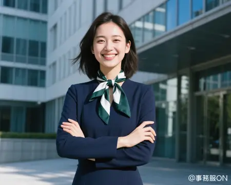 事務服スカーフコーディネート例（ネイビーのワンピースにグリーン系のスカーフを巻いた清潔感のあるコーディネート）